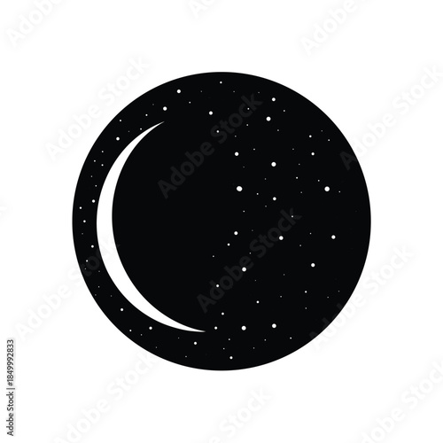 Black circle with crescent moon and stars, night sky outer space on white background