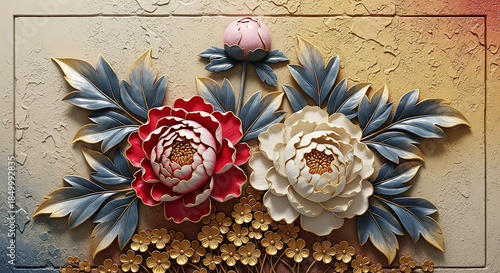 3D bas-relief wall art of red and white peonies with gold 3D Wall Mural. floral landscapes. 3d floral art, floral wallpaper, Luxurious textile tile wall art