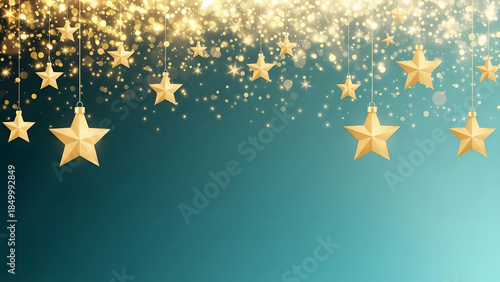 A festive winter pattern featuring golden glitter stars on a blue background, perfect for a merry Christmas holiday celebration card or seasonal ornament design