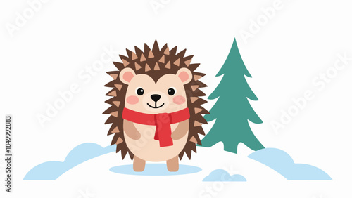 Friendly hedgehog in red scarf standing in snowy winter landscape with green coniferous tree