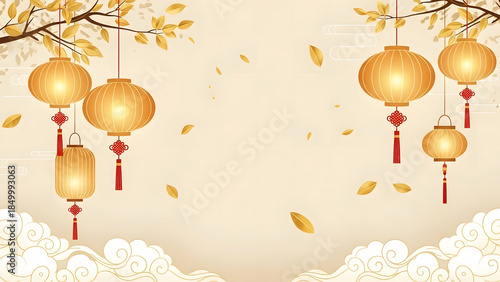 Elegant Christmas card design featuring a golden ball ornament on a festive winter tree background with red holiday decorations and a starry New Year illustration frame