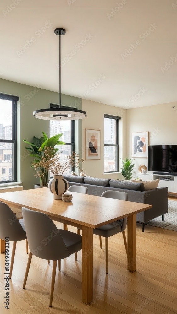 Fototapeta premium Bright Modern Dining Room with Plants and Warm Natural Light.