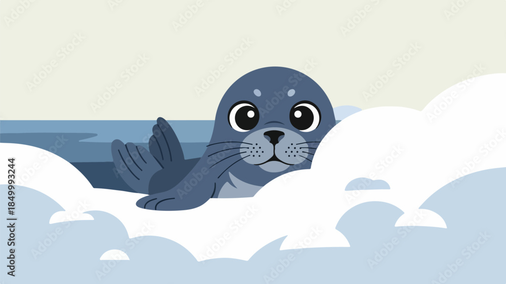 Fototapeta premium Friendly seal standing on ice with clouds in the background
