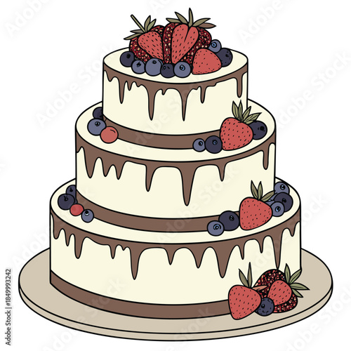 Wedding cake with berries, tiered celebration dessert with strawberries and blueberries, birthday cake with chocolate drizzle, sweet confection for special event