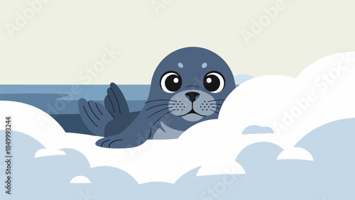 Friendly seal standing on ice with clouds in the background