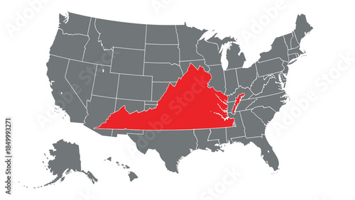 A map of the United States with the state of Virginia highlighted in red, indicating its geographical location within the country.
