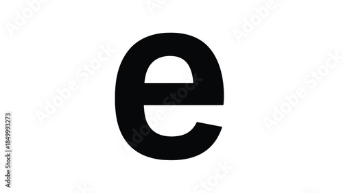 A simple black lowercase letter 'e' is displayed prominently against a stark white background, creating a clean and minimalist graphic element.