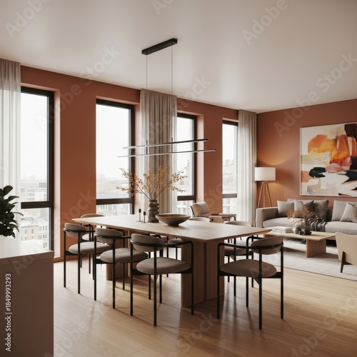Bright Modern Dining Room with Wooden Table and Natural Light.