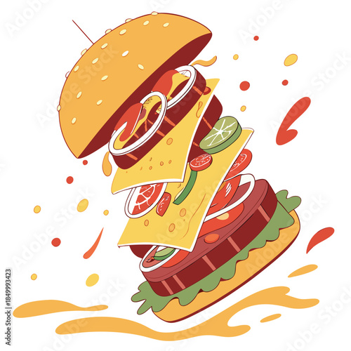 Exploding burger flying in air with all ingredients on white background, fast food burger advertisement with flying ingredients hamburger creative shot concept