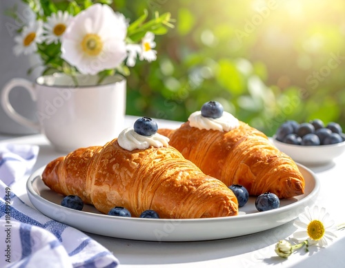 Sunny day Two croissants topped with cream and blueberries, flowers, and cloth on a white table, bokeh background