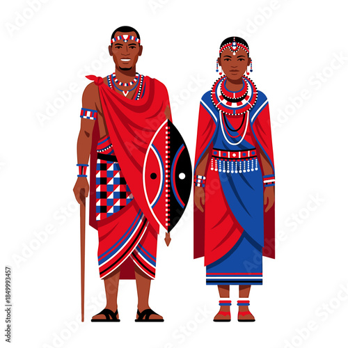 Illustration of a traditional African man and woman in colorful, ornate tribal attire, standing side by side against a plain white background.