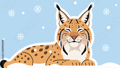 Relaxed bobcat lying down with head tilted left, warm brown fur with darker spots, white underbelly, black-tipped tail, light blue winter sky with snowflakes