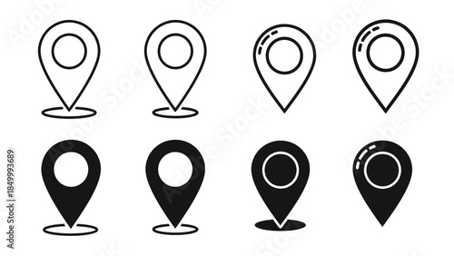 A set of eight location pin icons in a grid formation, with four outlined and four filled in black, against a white background.