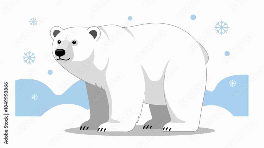 Fototapeta premium Cartoon polar bear standing on ice with snowflakes in a winter scene