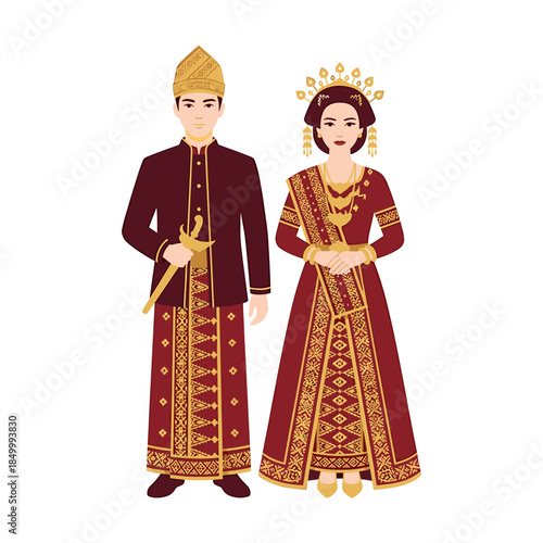 Illustration of a traditional couple in ornate red and gold attire standing side by side against a white background.