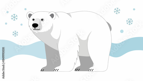 Realistic illustration of a polar bear with white fur and gray shading, standing in an arctic landscape with blue water and snowflakes