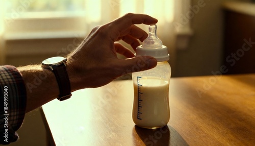 Man checking baby bottle temperature with early feeding formula in warm light