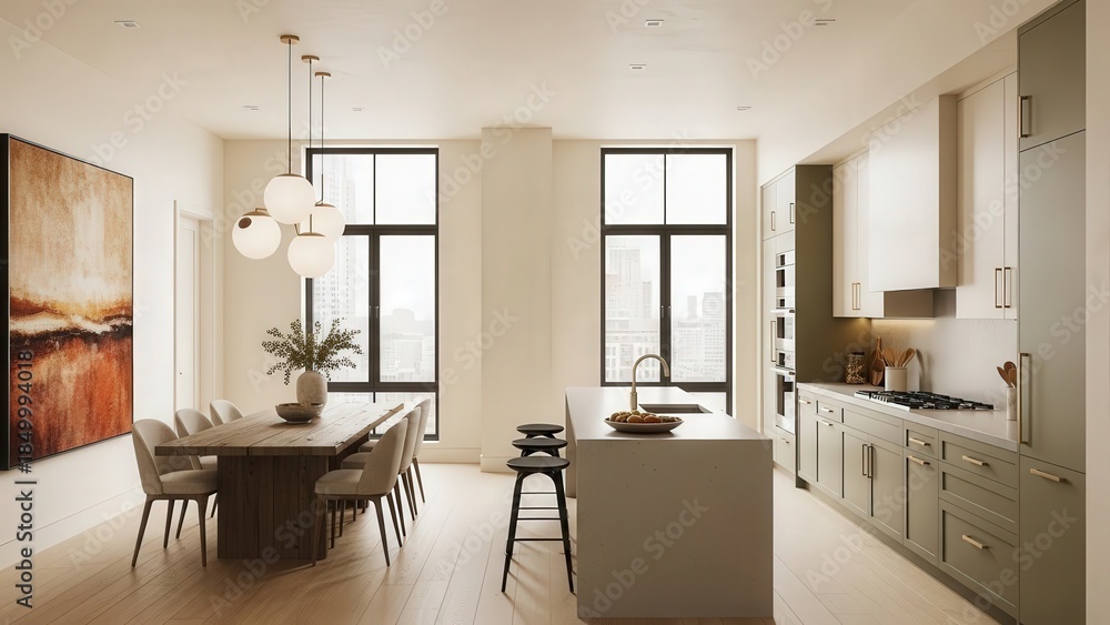 Fototapeta premium Bright Modern Kitchen and Dining Area with Warm Natural Light.