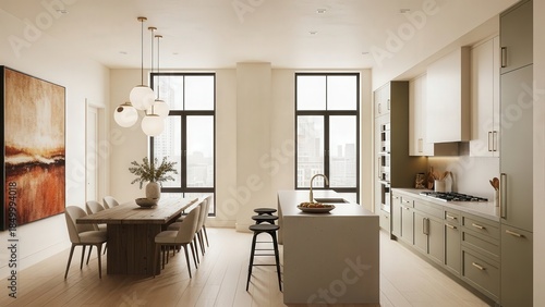 Bright Modern Kitchen and Dining Area with Warm Natural Light.