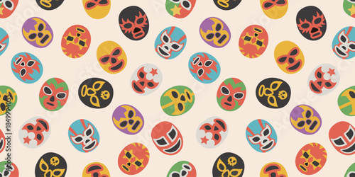 Seamless pattern of randomly scattered Lucha Libre masked men. Vector illustration for background material