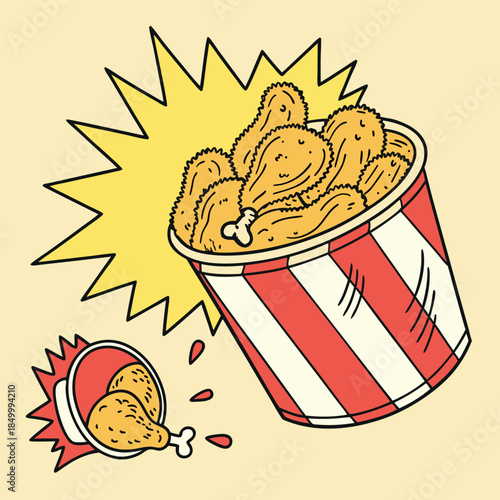 Exploding bucket of fried chicken fun fast food feast cartoon vector illustration for restaurant menu design food delivery advertisement and culinary blog graphics