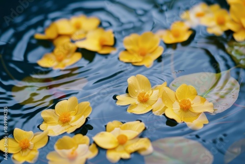 Yellow flowers gently floating on a dark blue water surface create a serene and beautiful scene