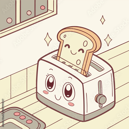 Cute kawaii toast popping out of toaster with sparkling stars adorable breakfast cartoon character in kitchen setting cheerful morning meal vector illustration for kids