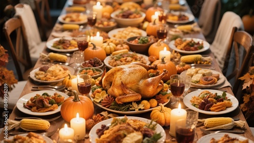 A lavish Halloween-themed dinner fills the long table; turkey and pumpkins create a warm and lively holiday atmosphere.