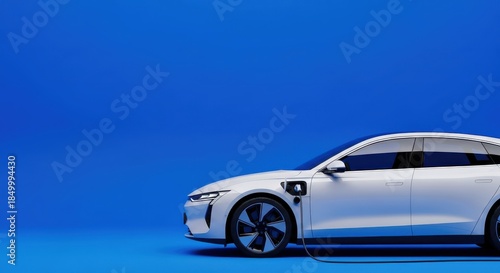 Fototapeta Naklejka Na Ścianę i Meble -  Modern white passenger vehicle is connected to an electric charging station against a solid blue backdrop