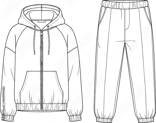 Technical flat sketch vector illustration of a comfortable unisex tracksuit set, featuring a full-zip hoodie and relaxed jogger pants for casual athletic apparel design.