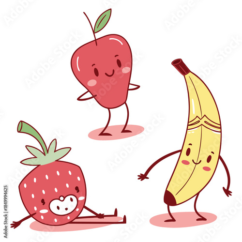 Cute dancing fruit characters apple strawberry banana happy healthy food cartoon vector illustration for children books educational materials and healthy lifestyle campaigns