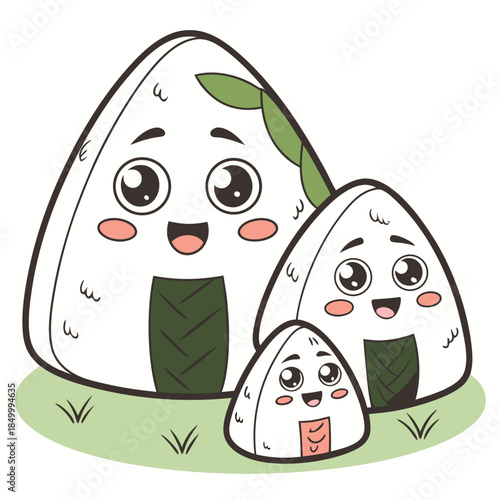 cute onigiri family characters standing on green grass with white background vector illustration