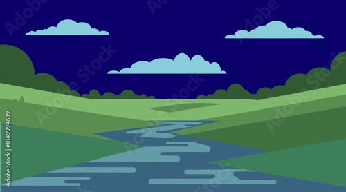 Flat nature landscape with river and deep blue sky.