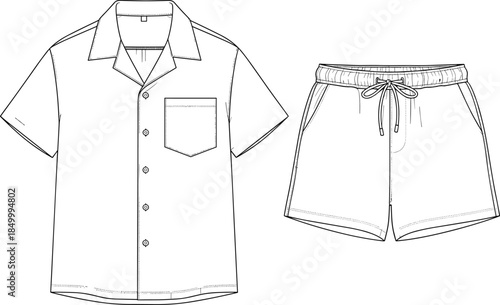 Technical flat sketch vector illustration of a men's resort wear set, featuring a Cuban collar shirt and elastic waist drawstring shorts for summer vacation apparel design.