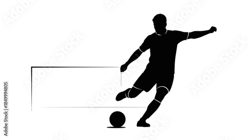 Silhouette of a Male Soccer Football Player Kicking Ball Towards Goal Post on Isolated White Background, Dynamic Action