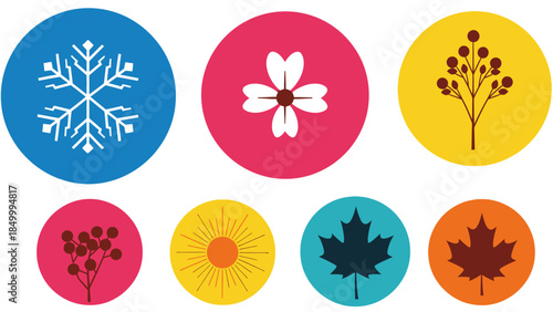 Set of Six Colorful Seasonal and Nature Icons Including Snowflake, Flower, Sun, and Leaves on Isolated White Background