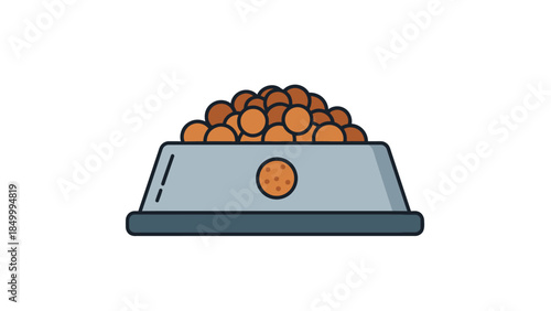 A flat illustration of a grey pet food bowl filled with brown kibble on a white background, depicting a common pet feeding accessory.