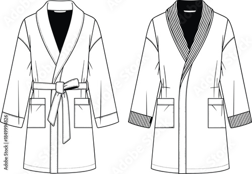 Technical flat sketch vector illustration of a luxurious belted unisex robe, featuring a wide shawl collar and functional patch pockets for comfortable loungewear design template.