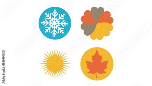 Set of Four Seasonal Icons for Winter, Spring, Summer, and Autumn on Isolated White Background