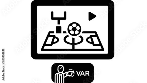 Soccer Football VAR Video Assistant Referee System Icon with Field and Screen on Isolated White Background