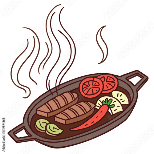 hot sizzling steak on cast iron pan with vegetables and steam vector illustration