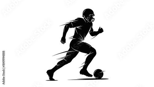 Dynamic Silhouette of a Male Soccer Football Player Running and Dribbling Ball on Isolated White Background