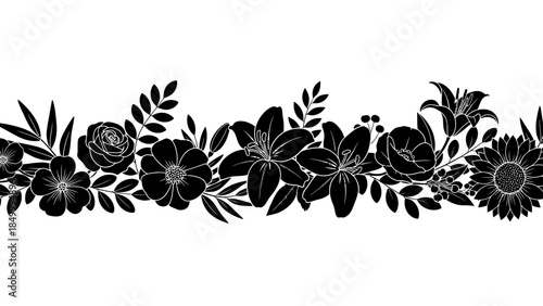 Vintage black and white floral background featuring an ornate nature pattern with leaf branches, butterfly silhouettes, and swirl blossom elements for a decorative plant vector illustration design