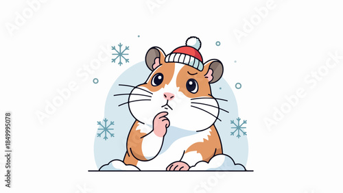 Brown and white hamster wearing a knitted winter hat with a red brim and white pom-pom on a light blue snowy background