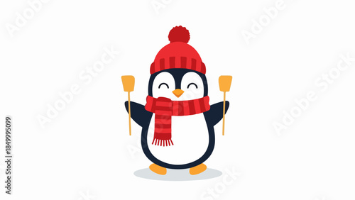 Penguin wearing red hat and scarf holding yellow ski poles on light gray base