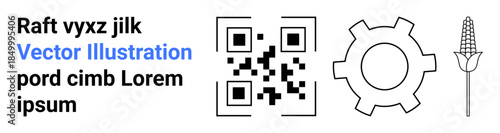 QR code, gear, and wheat ear highlighting themes of technology, industry, and agriculture. Ideal for innovation, productivity, food production, automation digital tools manufacturing simple