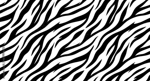 Close-up of a black and white zebra print pattern on a plain background with a monochromatic color scheme.