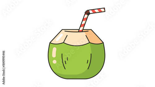 A cartoon illustration of a fresh green coconut drink with a red and white striped straw, isolated on a white background.