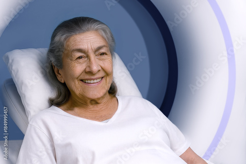 Senior woman smiling during medical scan in hospital setting, feeling comfortable and relaxed in a caring environment