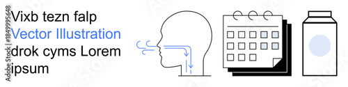Healthcare, respiratory function, time management, medication, planning, product design. Diagram of airflow through a face, a calendar and a container. Respiratory function and healthcare